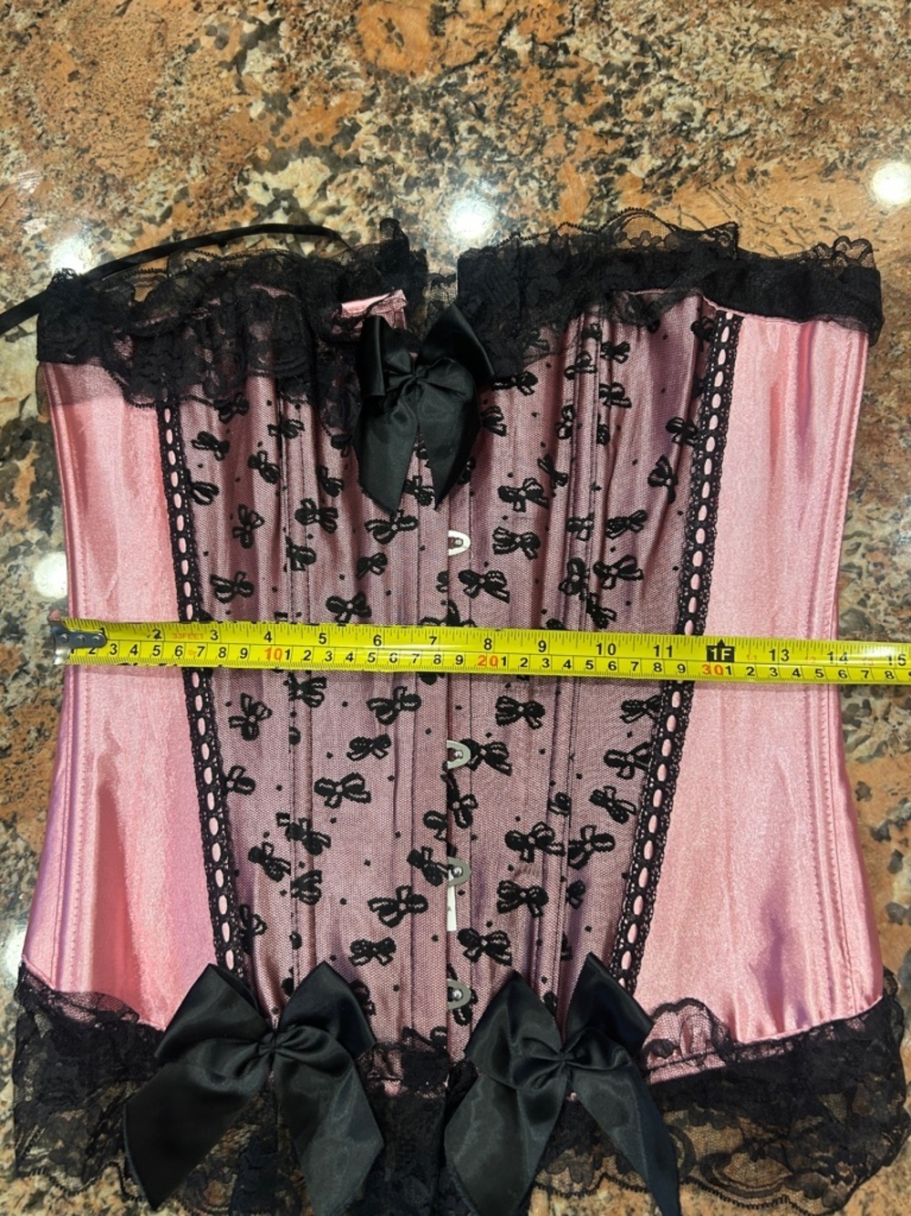 Vintage Corset Size Large Satin Pink & Black Lace & Bows Details. - Picture 9 of 11